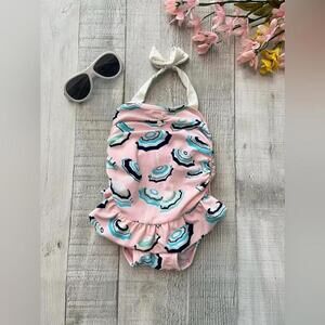 *Janie and Jack Pink Ruffled One-Piece Baby Swimsuit Umbrella Print Size 3-6M